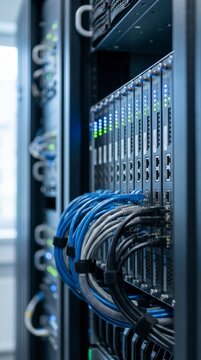 Close up of organized blue network cables inside a modern server rack in a data center