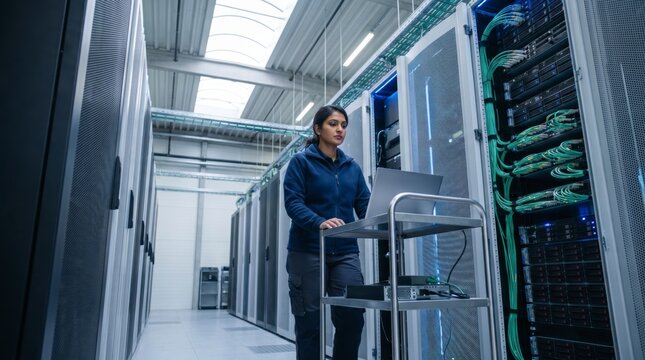Female technician pushing a maintenance cart along a server room aisle in a data center