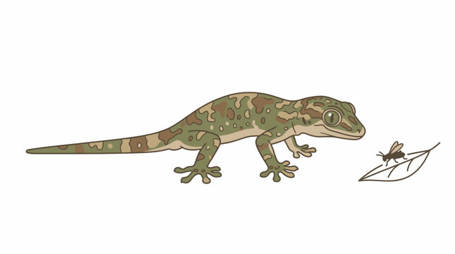 Vector illustration of a spotted camouflage gecko lizard stalking a small fly on a leaf