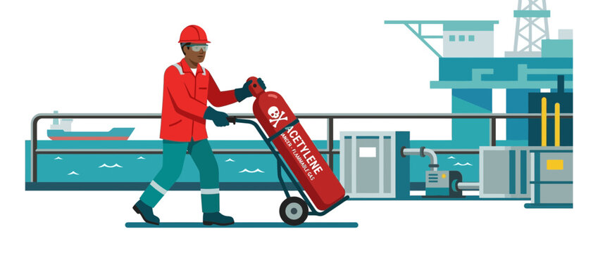 Worker transports acetylene gas cylinder on oil rig platform, industrial safety concept