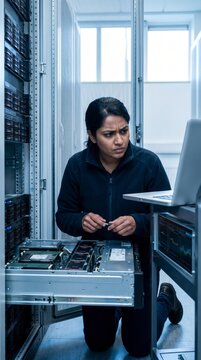 Female engineer kneeling to service server hardware inside a data center rack