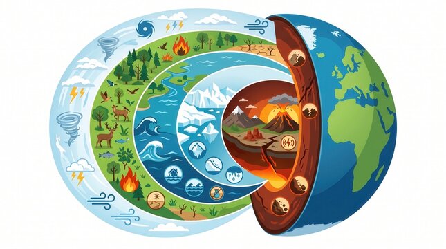 Earth's layers & phenomena across geosphere, hydrosphere, biosphere, atmosphere