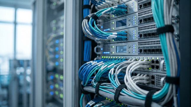 Close up of a network switch with blue patch cables in a data center server rack