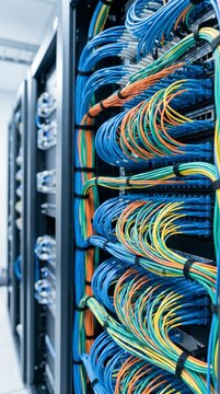 Dense bundle of colorful network cables organized on a data center server rack