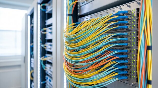 Bright yellow and blue fiber optic cables bundled into a data center patch panel