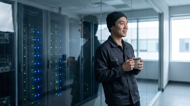 Smiling technician holding a coffee mug in a bright data center server aisle