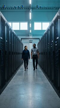Engineers walking down a long server corridor toward light in a data center