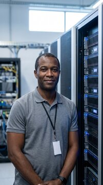 Friendly male technician with a badge smiling beside racks in a data center