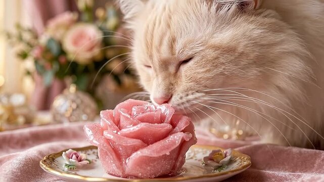 Slow motion tracking close up of cat sniffing sugar coated rose candy on decorative plate in cozy indoor floral table setting with warm soft light