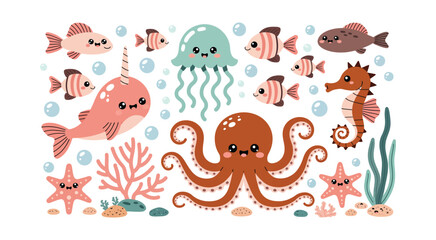 Sea Animals Cartoon Vector Illustration Featuring Narwhal, Octopus, Seahorse, Jellyfish, Tropical Fish, and Coral Reef Elements ©  