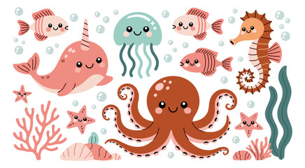 Sea Animals Cartoon Vector Illustration Featuring Narwhal, Octopus, Seahorse, Jellyfish, Tropical Fish, and Coral Reef Elements ©  