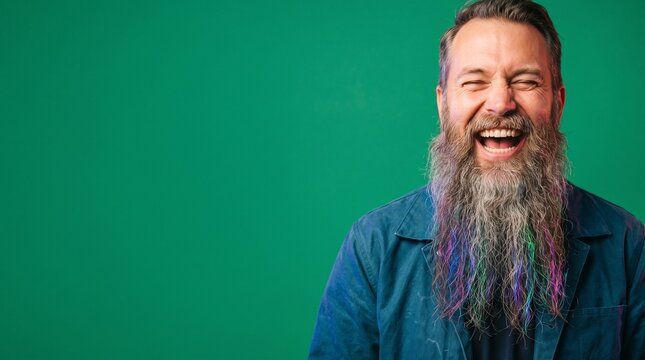 Man with long beard smiling happily in front of green background  