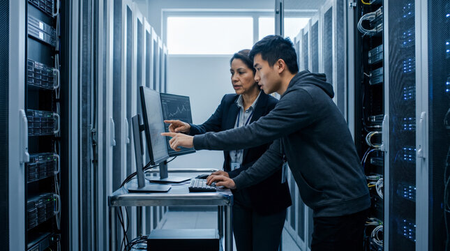Two engineers analyzing data on a monitor at a workstation in a data center
