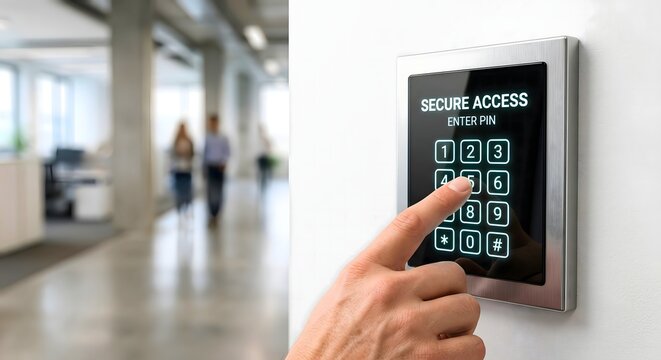 Finger entering PIN on secure access keypad panel