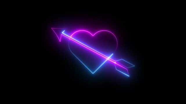 Neon heart shape symbol animation with beating pulse effect on black background . love with arrow