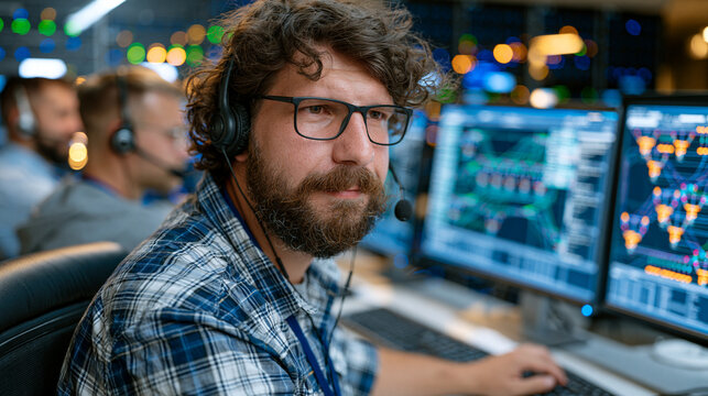 Electrical grid technician at a municipal utility control room managing a digital synoptic map of transmission substations during a demand surge event, colleagues in headsets coordinating behind, se