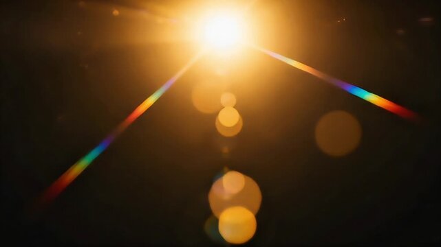 Abstract Golden Lens Flare with Bokeh Circles and Cinematic Light Streaks on Black Background