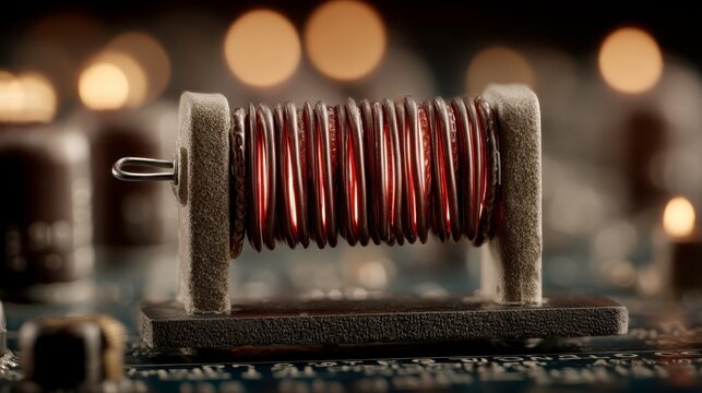 Close-Up of Copper Coil on Circuit Board with Blurry Background