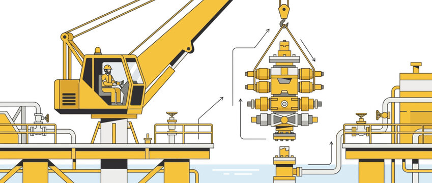 Offshore crane lifts wellhead equipment on oil rig platform, industrial construction, energy sector.