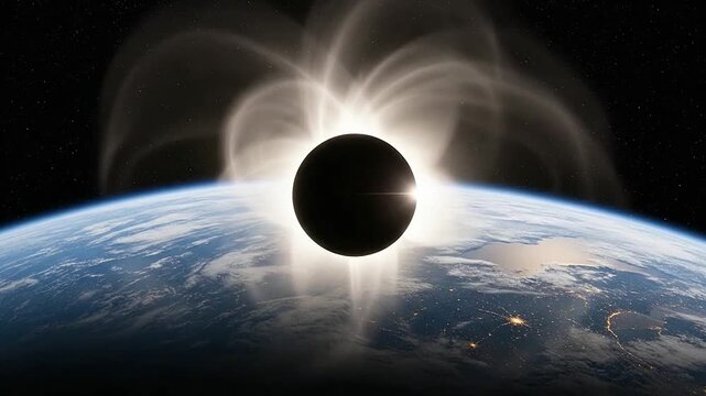 A total solar eclipse occurs above the glowing atmosphere of a planet in deep space
