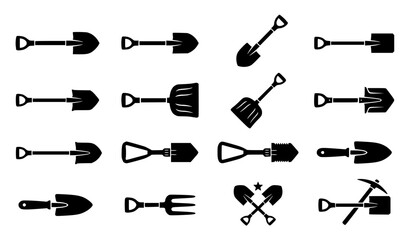 Black shovel vector icon set featuring garden spade excavation construction and landscaping tool symbols on white background © Sagor