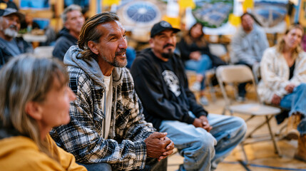 Fototapeta premium Intergenerational group of residents from an industrial fence-line neighborhood attending an energy justice town hall meeting inside a community center, portable maps of proposed solar installations