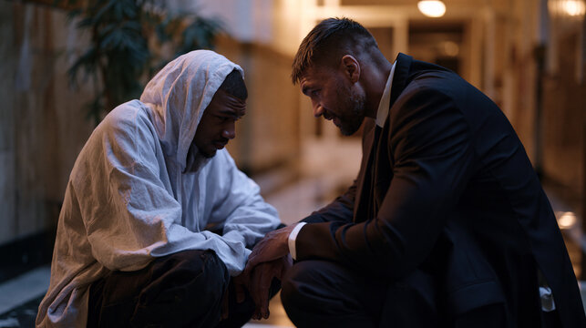 Juvenile defense attorney kneeling to speak privately with anxious teenage client in courthouse hallway before delinquency hearing, whispered legal counsel, youth advocacy, minor representation, juv