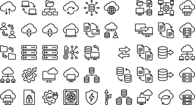 Big cloud computing line icons set containing server database api data transfer and network storage elements vector