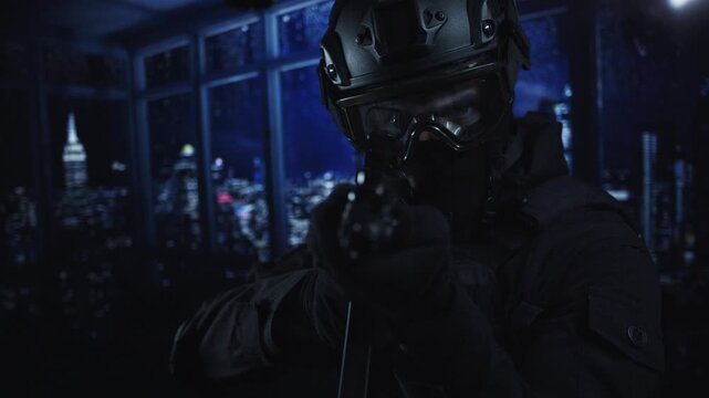 Cinematic close-up of a special forces operative in a helmet and goggles aiming a rifle in a dark room with a glowing night city behind.