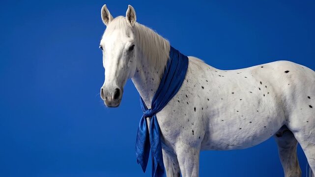 Slow zoom and pan of white speckled horse standing and turning head while posing against seamless blue studio backdrop in calm daylight indoor portrait mood
