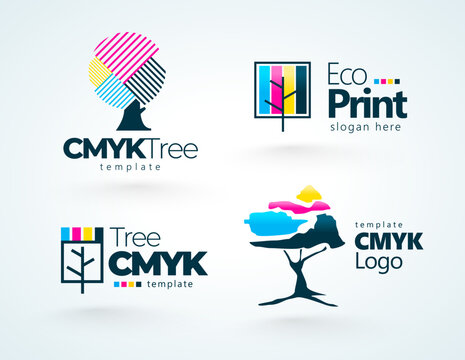 Set logos Printing theme.  Abstract Tree Cmyk Colors. Template design vector. White background