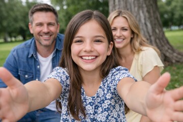 Fototapeta premium Smiling child with parents outdoors in park setting. Ai generative