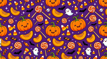 Naklejka premium Halloween themed pattern with pumpkins, candy, ghosts, bats, and stars on purple background for festive decorations and designs