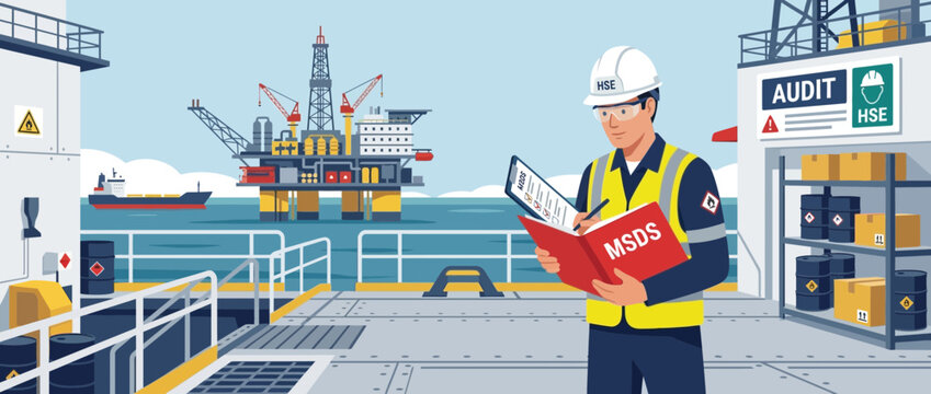 Offshore worker audits safety procedures on oil rig platform, MSDS document