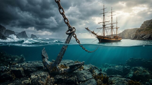 Old ship anchor underwater with tall ship on stormy ocean