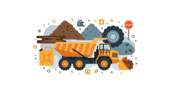 Heavy Duty Industrial Mining Dump Truck and Quarry Equipment Flat Vector Illustration Concept