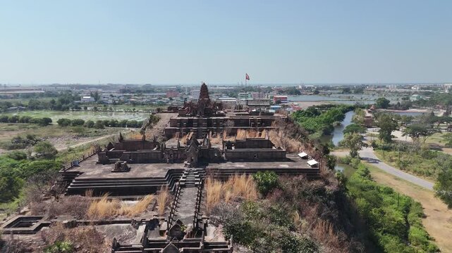 Aerial view of the Preah Vihear temple ruin replica showcasing ancient Khmer architecture at Muang Boran Ancient City Park, Bangkok, Thailand