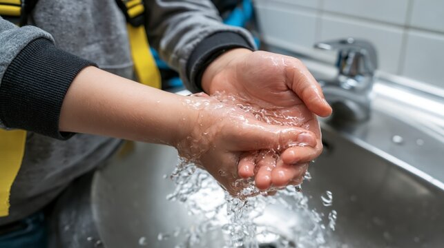 Closeup of a child washing hands under running water in a sink back to school photo