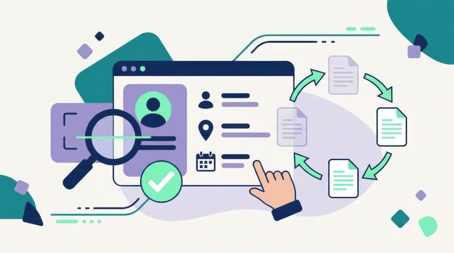 A user profile with data accuracy highlights and elements representing privacy compliance tools and document handling workflows