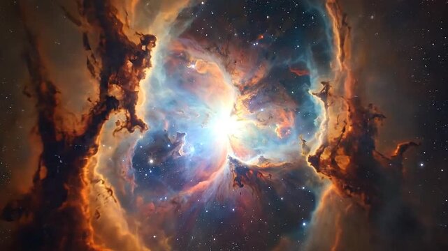 A vibrant cosmic nebula glows with intense light amidst swirling clouds of interstellar dust and gas