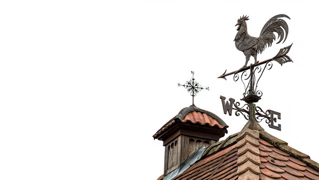Vintage weather vane with rooster on a roof chimney silhouette isolated on transparent background