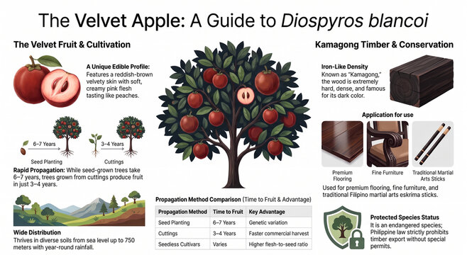 Educational infographic exploring Diospyros blancoi, the velvet apple and kamagong tree, its botany, cultivation, nutrition and uses.