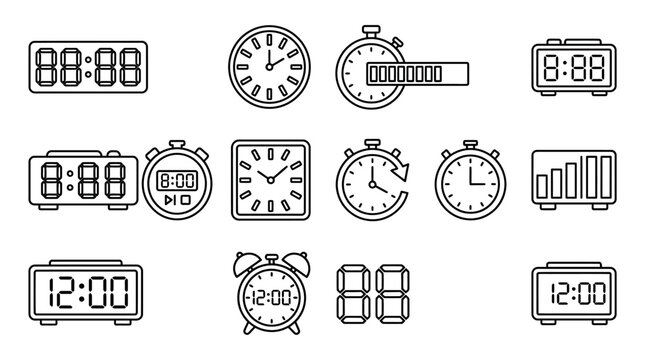Dynamic Black and White Line Icons Set of Various Timekeeping Devices and Digital Clocks with high quality professional line art symbols for modern creative design and digital branding projects