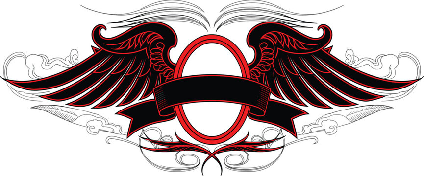 Red and black wing shield emblem badge template with ribbon banner decorative swirls tattoo style vector illustration isolated on white