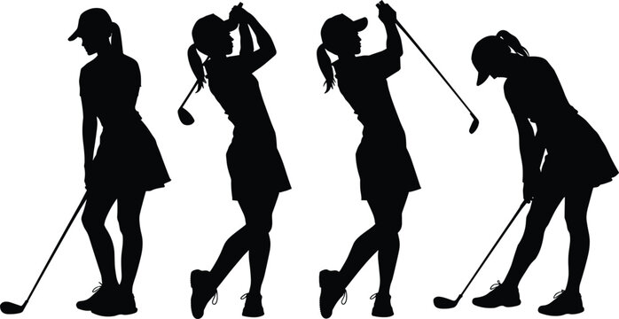 Silhouette of a female golfer playing golf swing sequence set isolated on a white background vector