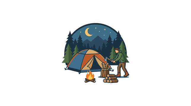 Illustration of a man camping at night by a campfire.