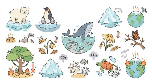 Cartoon graphics show global warming: melting ice, burning trees, polluted oceans