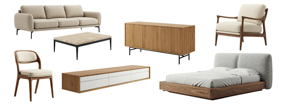 Modern Scandinavian Furniture Collection Isolated on Transparent Background &ndash; Sofa, Bed, Chairs, Coffee Table, TV Cabinet and Sideboard