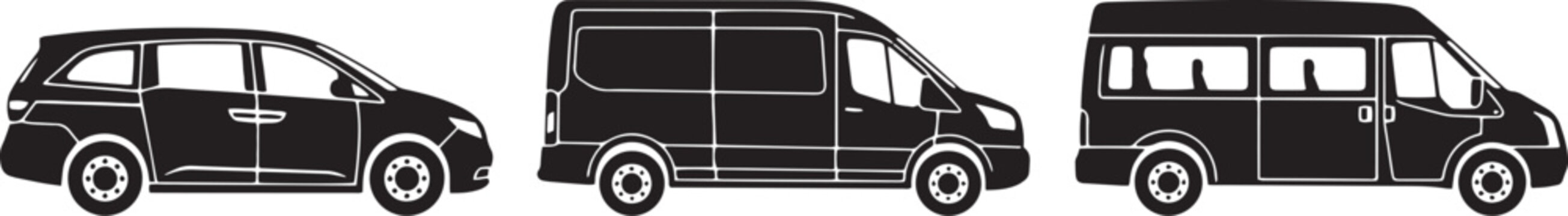 Commercial van silhouettes, delivery vehicle vector set, black transport icons for logistics and shipping, minivan and cargo van profiles