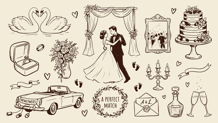 Romantic wedding illustration of swans cake dancing couple gifts champagne and car in whimsical celebratory style © Abdul Waheed Studio